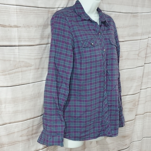 Eddie Bauer flannel shirt button up long sleeve plaid gray purple magenta pink M - Picture 3 of 8